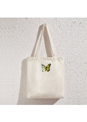 Butterfly Letters Printed Shopping Bags Women Canvas Cotton Cloth Shoulder Bags Women Eco Reusable Grocery Shopper Handbag