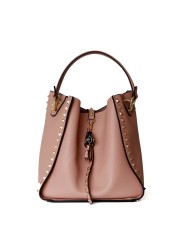 Genuine leather rivet bucket bag, purses and handbags luxury designer studded cowhide ladies shoulder bag with crossbody strap