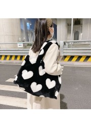 Women Plush Fur Shoulder Bag Fluffy Canvas Bear Fur Bags Large Capacity Soft Shopping Bags Girls Cute School Bag