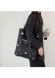 Women's shoulder bag 2022 canvas tote fashion girl bag simple large capacity shopper bag with wide zipper starry sky print handbag