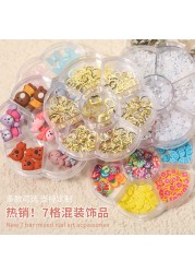 1 Box of 7 Nail Art Decorations Bow Aurora Bear Butterfly Rhinestone Pearl Mixed Set Box DIY Nail Decoration designer charms