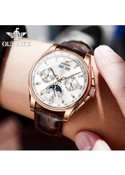 OUPINKE Luxury Men Watches Chronograph Automatic Mechanical Leather Watch Waterproof Sport Moon Phase Wristwatch montre homme