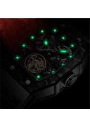 Aesop trending square flying tourbillon watch carbon fiber bezel mechanical men watches top quality red skeleton male watch