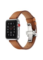 For Apple Watch Band Genuine Leather Strap Apple Watch 7 6 5 4 3 2 1 SE 45mm 41mm Butterfly Clasp Strap for iWatch 44/40mm 42 38