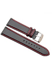 New 18mm 20mm 21mm 22mm 23mm durable orange stitching carbon fiber man black genuine leather with silver buckle watchband strap