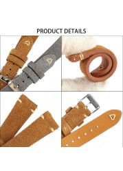 Vintage Suede Leather Watch Band 20mm 22mm Blue Brown Watch Strap Replacement Wristband Handmade Stitching Watchband