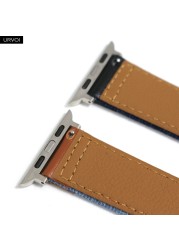 URVOI Band for Apple Watch Series 7 654321SE Jean Band with Genuine Leather Strap for iWatch Denim Design Canvas Wrist