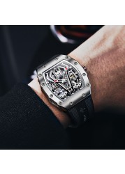 OUPINKE Luxury Watches Men Automatic Mechanical Silicone Sapphire Mirror Tonneau Skeleton Watch Waterproof Top Brand Sport