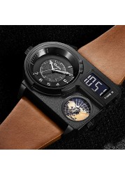 Oulm Fashion Pilot Digital Mens Watch Dual Display Multiple Time Zones Sport Leather Strap Military Oversize Quartz Male Clock