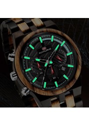 Kunhuang New Wooden Watch Men Luxury Chronograph Ebony Quartz Watch Blue Dial Metal Glass Mirror Wooden Box