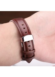 Watch Band Genuine Leather Strap Brown Black Smooth Cowhide Watchbands Bracelet Accessories Silver Polished Deployment Buckle