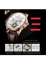 Original JSDUN Luxury Automatic Men's Watch Mechanical Leather Waterproof Brand Tourbillon Weekday Hollow Wristwatches