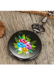 Black case vintage accept custom men women quartz chain pocket watch flower pattern classic unisex watches for girlfriend