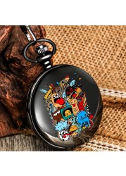 New accept custom unisex pocket watch with black thick chain cartoon pattern men women high-end quartz watches for boyfriend