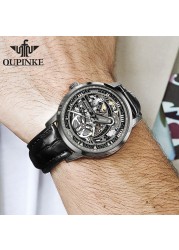 Top Brand OUPINKE Luxury Men's Mechanical Wristwatch Automatic Watch Men Classic Skeleton Leather Sapphire Waterproof