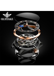 OUPINKE Watch Men Skeleton Design Automatic Watch 50M Waterproof Sapphire Leather Strap Men Mechanical Wristwatches 3268