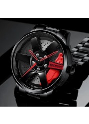 3D Spinning Unique Model Rim Watch Hub Custom Design Sports Car Frame Watch Waterproof Creative Men's Watch Wheel Wristwatch Clock