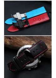 Replacement watch strap, 20mm, 22mm, real cowhide leather, handmade, black, red, blue, double push buckle