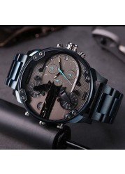 Sports Blue Big Dial Men's Watch Double Machine 7395 Cool Blue Steel Belt Quartz Watches Male Clock Locomotive Relogio Masculino