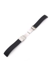 Black Silicone Rubber Watch Strap, Water Resistant, Straight End, Double Push, Stainless Steel Buckle, 18 20 22 24mm