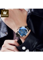 OLEVS Luxury Watch Men's Multifunctional Quartz Watch Business Style Leather Strap Waterproof Mens Calendar Chronograph Watch