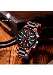 KUNHUANG Top Luxury Wooden Watches Men Sport Chrono Quartz Watches Men Date Luminous Wooden Watch Man Relogio Masculino