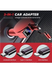 3 in 1 Retractable Fast Charging Car Adapter Car Charger QC4.0 PD Quick Charge for iPhone, Android, and Type C phones drop shippi