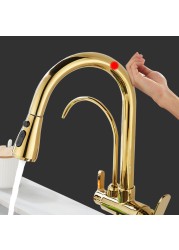 Gold Touch Filter Kitchen Mixer Tap Dual Handle Hot Cold Brass Kitchen Sink Faucets Smar Sensor Touch Pull Out Kitchen Faucets