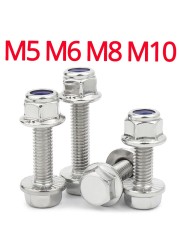 External Hex Bolt M5 M6 M8 M10 304 Stainless Steel Outer Hexagon Flange Screw Anti Slip Flange Nylon Locknut Combination Set