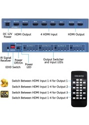 HDMI-compatible Matrix Switch 4x4, 4K Matrix Switcher Splitter 4 in 4 Out-of-Box with EDID Extractor and IR Remote Control