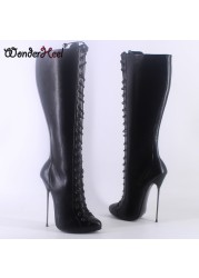 Wonderham 2021 new 16cm ultra-thin heel extreme high heels matte leather sexy wonder girls nightclub lace up knee high boots