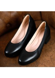 Med Square High Heels Women 2022 New Real Cow Leather Spring Round Toe Girl Black Work Pumps Shoes For Woman A0005