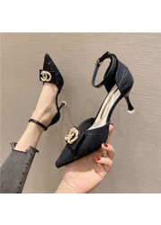 2022 Autumn Spring Women's Pumps New Pointed High Heels Thin Heel Sandals Woman Head Hollow Button Single Shoes