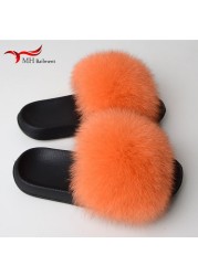 Real Fox Fur Slippers Women Summer Indoor Fluffy Flat Raccoon Fur Slides Outdoor Fashion Casual Beach Shoes Plus Size Shoes