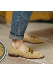 Women Shoes Genuine Leather Flats Loafers Round Toe Sheep Suede Metal Decor Slip On Shoes Ladies Comfortable Casual Shoes 2021 New