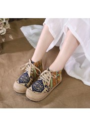 Embroidered Women Shoes Boho Cotton Linen Single Canvas National Woven Round Toe Lace Up Cloth Shoes Woman Flats Size 35-40