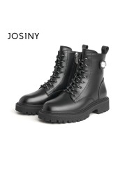 JOSINY platform ankle boots for women warm boots martin pu leather botas zipper ladies shoes pearl decoration