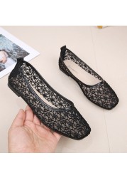 Women Transparent Lace Soft Flats Ladies Square Toe Sexy Black Boat Shoes Summer Breathable Beige Non-slip Flat Shoes 35-40