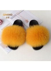 Women Summer Fluffy Fur Slippers Flat Non-slip Solid Real Furry Fur Slides Platform Shoes Plush Fur Sandals Flip Flops Women