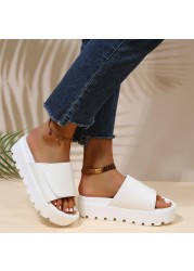 Rimocy Black PU Leather Platform Slippers Women Plus Size 43 Thick Soled Sandals Woman 2022 Summer Non-slip Slides Female Shoes