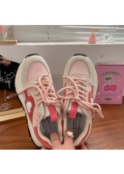 QWEEK 2022 New Korean Women Sneakers Strawberry Pink Kawaii Love Sports Daddy Shoes Versatile Casual Platform Vulcanize Tennis