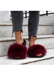 Women Fox Shoes Fur Slippers Real Fox Fur Slides Home Furry Flat Sandals Female Cute Wholesale House Shoes Woman Luxury Brand Ho