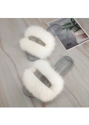 Jelly Slippers Transparent Crystal Flat Slippers Furry Slides for Women Fluffy Slippers Fur Sandals Flip Flop Ladies Summer 2022