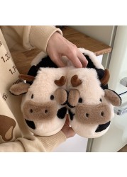 Women Winter Cute Animal Slippers Fashion Kawaii Fluffy Winter Warm Slippers Female Cartoon Milk Cow Indoor Slippers Funny Shoes