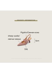 2022 Summer Women Shoes Sheep Suede Shoes Women Covered Toe Thin Heel Sandals Solid Slingback Women Shoes For Women Pearl Sandal