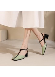 2022 summer women shoes cow leather shoes for women square toe chunky heel high heel sandals women retro elegant party shoes