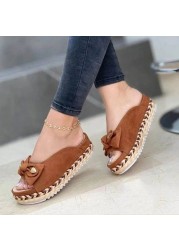 Women Bowknot Slippers Braided Straps Outdoor Sandals Thick Bottom Casual Open Toe Flat Shoes Female Straw Woven Soft Slippers