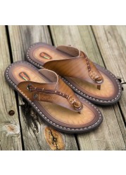 Handmade Leather Slippers Summer Fashion Men Flip Flops Outdoor Slippers Breathable Comfortable Men Flip Flops Plus Size