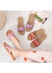 Women Linen Home Slippers Summer Casual Slides Beach Shoes Ladies Indoor Linen Slippers Bohemia Striped Flip Flops Sandals