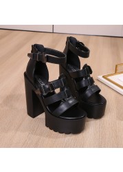 Women Sandals New Summer Casual Black Chunky Gladiator Shoes Open Toe Thick Platform High Heels Ankle Strap Buckle Shoes G0028
